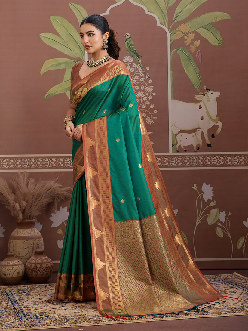 Monjolika Fashion Green Weaving Work Tussar Silk Festival Contemporary Saree - Distacart