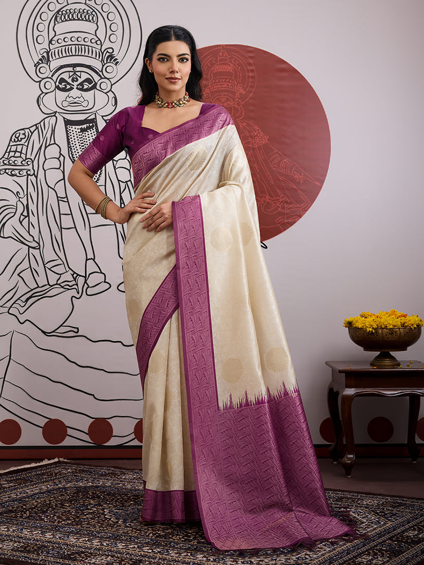 Monjolika Fashion Cream And Wine Handloom Silk Blend Festival Trendy Saree - Distacart