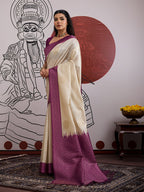Monjolika Fashion Cream And Wine Handloom Silk Blend Festival Trendy Saree - Distacart