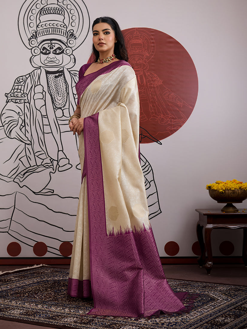 Monjolika Fashion Cream And Wine Handloom Silk Blend Festival Trendy Saree - Distacart