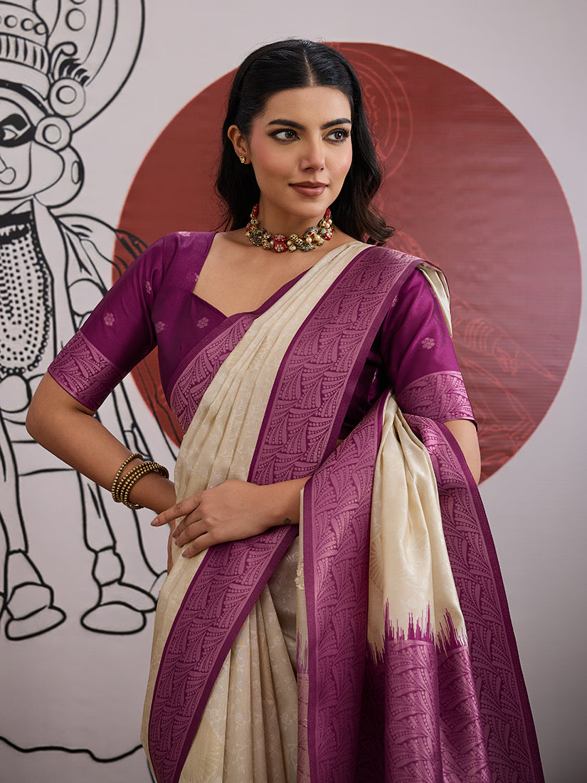 Monjolika Fashion Cream And Wine Handloom Silk Blend Festival Trendy Saree - Distacart