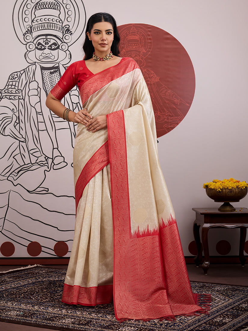 Monjolika Fashion Cream And Red Handloom Weaving Silk Blend Festival Trendy Saree - Distacart