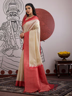 Monjolika Fashion Cream And Red Handloom Weaving Silk Blend Festival Trendy Saree - Distacart