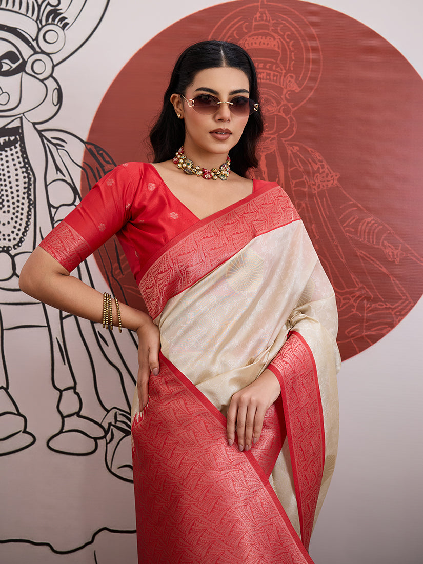 Monjolika Fashion Cream And Red Handloom Weaving Silk Blend Festival Trendy Saree - Distacart