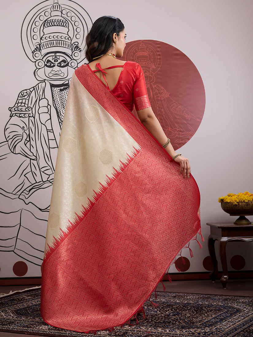 Monjolika Fashion Cream And Red Handloom Weaving Silk Blend Festival Trendy Saree - Distacart