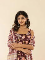 Yufta Brown Sleeveless Cotton Kurta With Dupatta Set