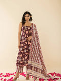 Yufta Brown Sleeveless Cotton Kurta With Dupatta Set