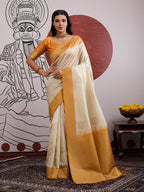 Monjolika Fashion Cream And Orange Handloom Weaving Silk Blend Festival Trendy Saree - Distacart