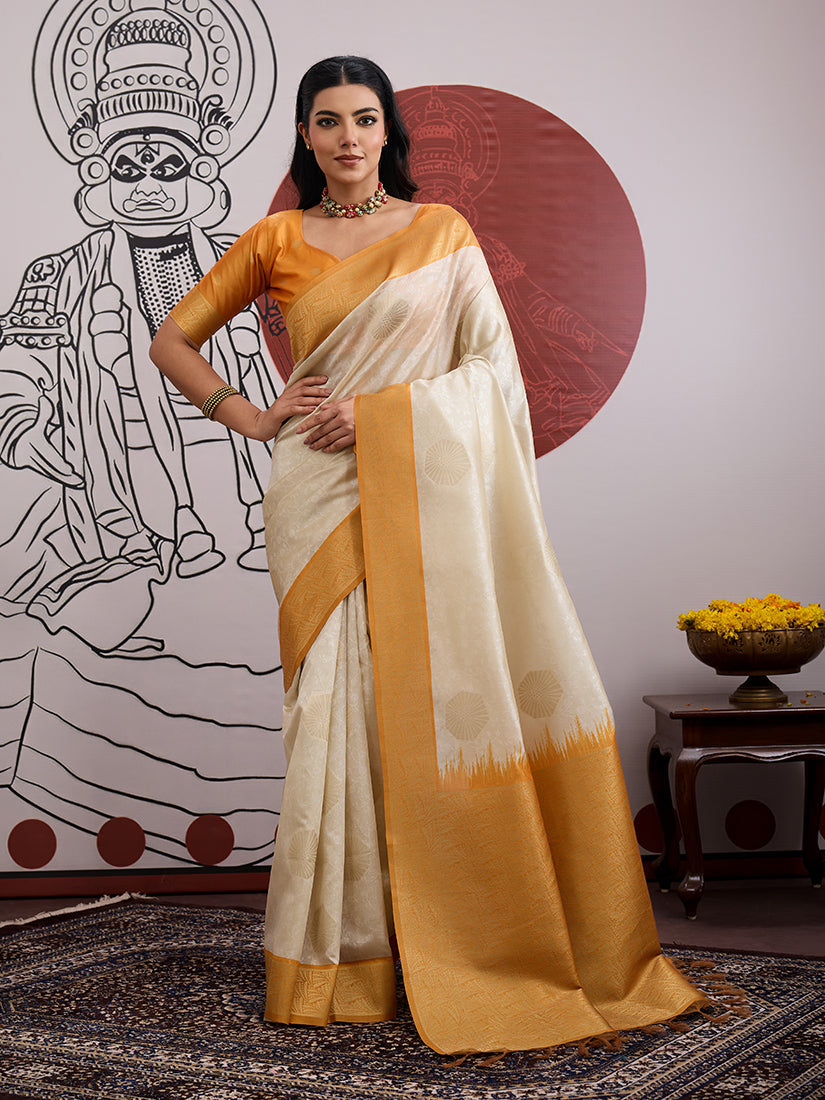 Monjolika Fashion Cream And Orange Handloom Weaving Silk Blend Festival Trendy Saree - Distacart