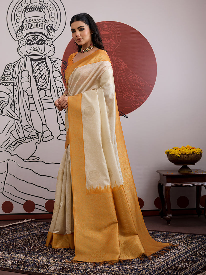 Monjolika Fashion Cream And Orange Handloom Weaving Silk Blend Festival Trendy Saree - Distacart