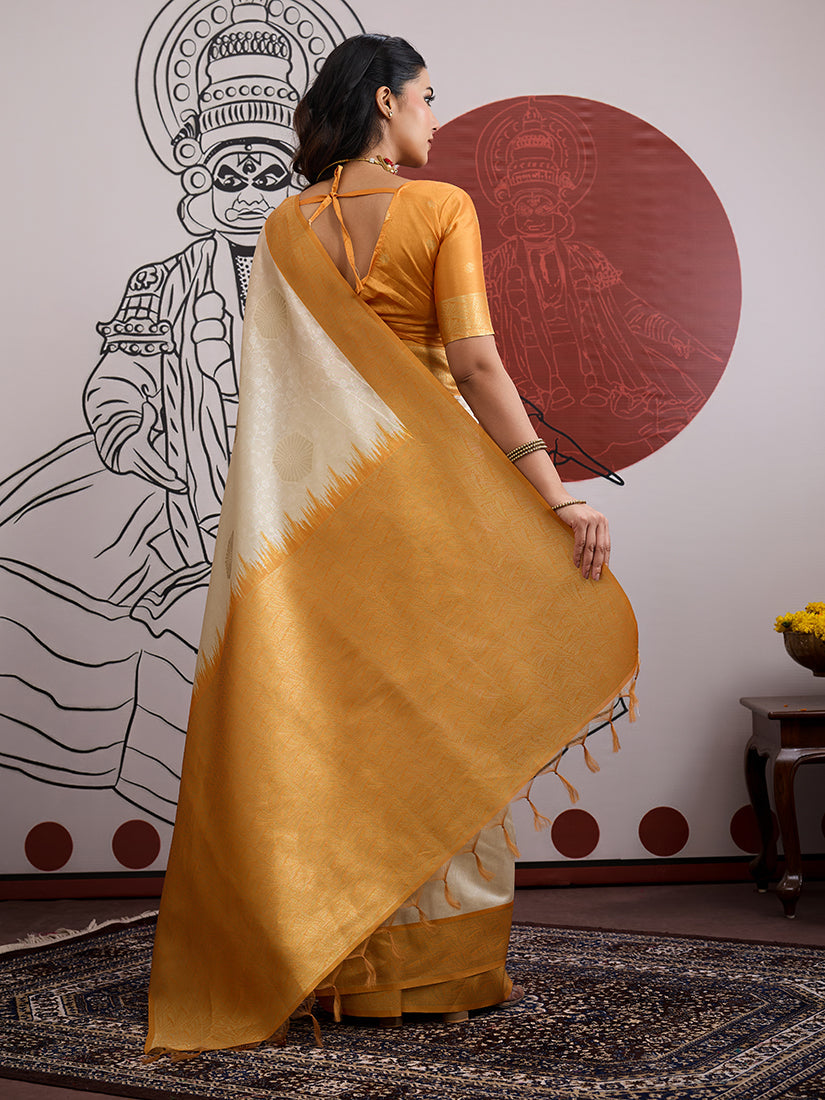 Monjolika Fashion Cream And Orange Handloom Weaving Silk Blend Festival Trendy Saree - Distacart