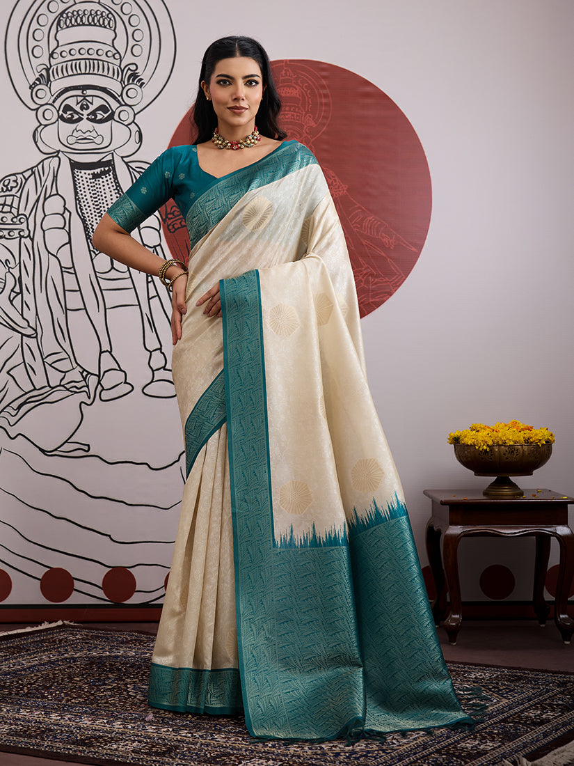 Monjolika Fashion Cream And Teal Handloom Weaving Silk Blend Festival Trendy Saree - Distacart
