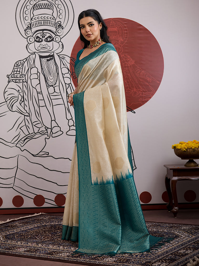 Monjolika Fashion Cream And Teal Handloom Weaving Silk Blend Festival Trendy Saree - Distacart