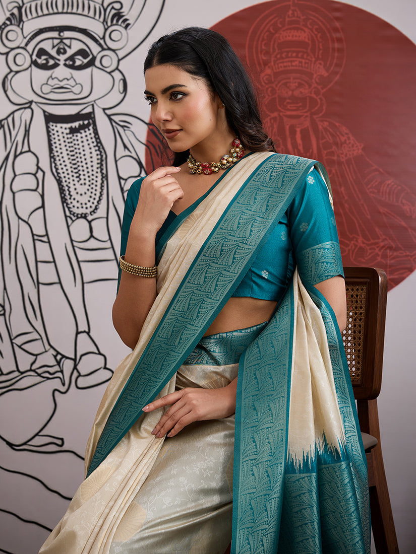 Monjolika Fashion Cream And Teal Handloom Weaving Silk Blend Festival Trendy Saree - Distacart