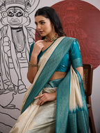 Monjolika Fashion Cream And Teal Handloom Weaving Silk Blend Festival Trendy Saree - Distacart