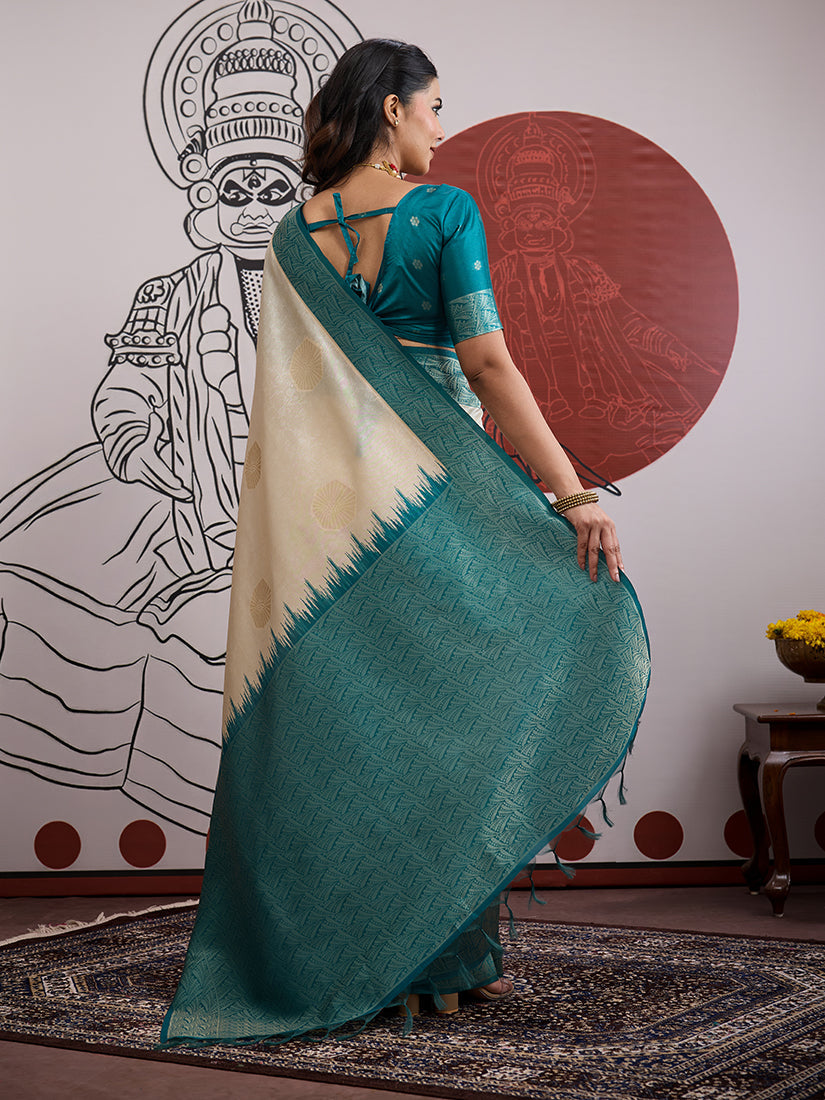 Monjolika Fashion Cream And Teal Handloom Weaving Silk Blend Festival Trendy Saree - Distacart