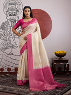 Monjolika Fashion Cream And Rani Pink Handloom Weaving Silk Blend Festival Trendy Saree - Distacart