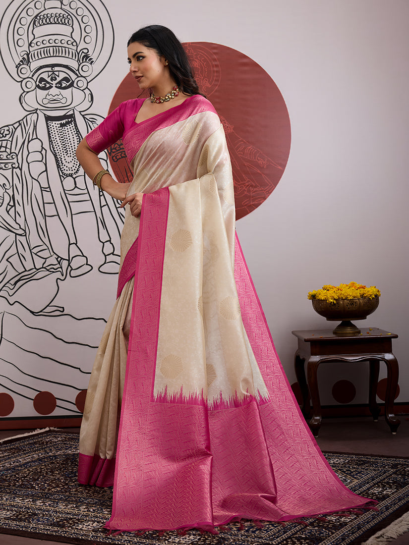Monjolika Fashion Cream And Rani Pink Handloom Weaving Silk Blend Festival Trendy Saree - Distacart