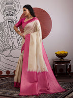 Monjolika Fashion Cream And Rani Pink Handloom Weaving Silk Blend Festival Trendy Saree - Distacart