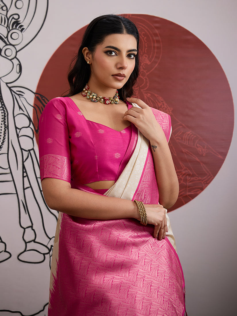 Monjolika Fashion Cream And Rani Pink Handloom Weaving Silk Blend Festival Trendy Saree - Distacart