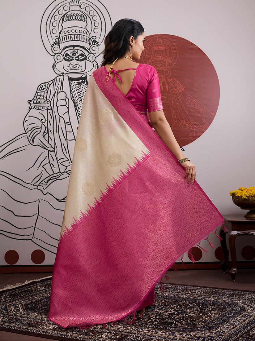 Monjolika Fashion Cream And Rani Pink Handloom Weaving Silk Blend Festival Trendy Saree - Distacart