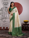 Monjolika Fashion Cream And Green Handloom Weaving Silk Blend Festival Trendy Saree - Distacart