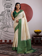 Monjolika Fashion Cream And Green Handloom Weaving Silk Blend Festival Trendy Saree - Distacart