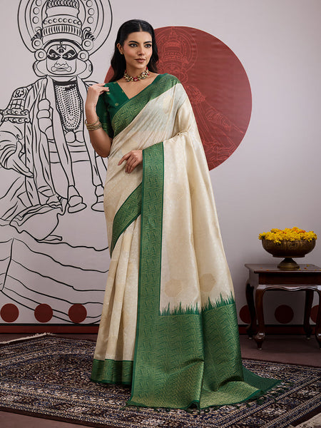 Monjolika Fashion Cream And Green Handloom Weaving Silk Blend Festival Trendy Saree