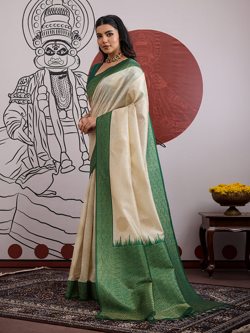 Monjolika Fashion Cream And Green Handloom Weaving Silk Blend Festival Trendy Saree - Distacart