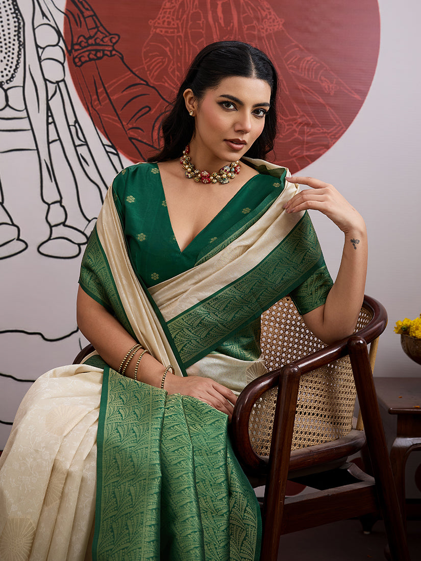 Monjolika Fashion Cream And Green Handloom Weaving Silk Blend Festival Trendy Saree - Distacart