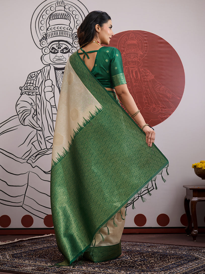 Monjolika Fashion Cream And Green Handloom Weaving Silk Blend Festival Trendy Saree - Distacart