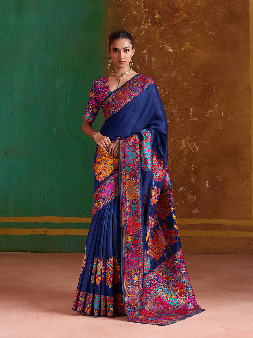 Monjolika Fashion Navy Blue Cotton Blend Weaving Contemporary Saree - Distacart