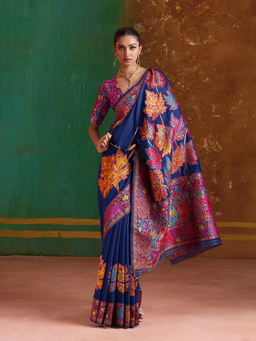 Monjolika Fashion Navy Blue Cotton Blend Weaving Contemporary Saree - Distacart