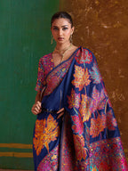 Monjolika Fashion Navy Blue Cotton Blend Weaving Contemporary Saree - Distacart