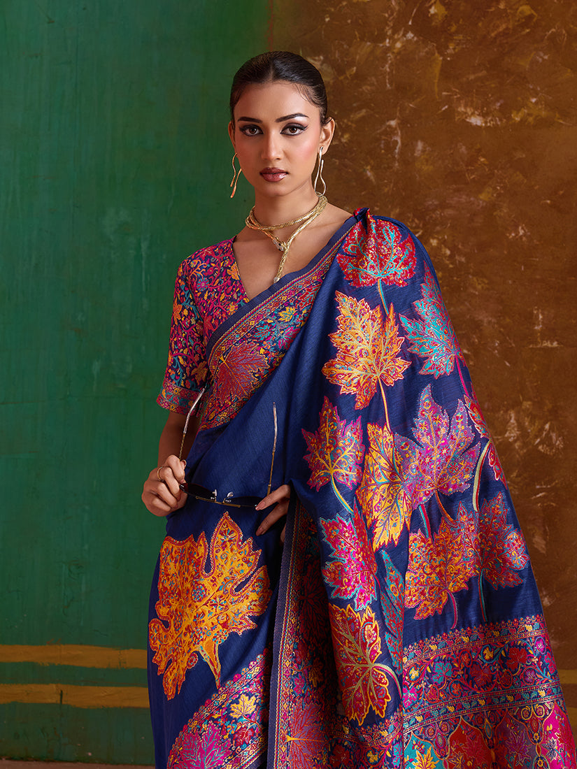 Monjolika Fashion Navy Blue Cotton Blend Weaving Contemporary Saree - Distacart