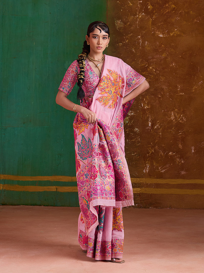 Monjolika Fashion Pink Cotton Blend Weaving Contemporary Saree - Distacart