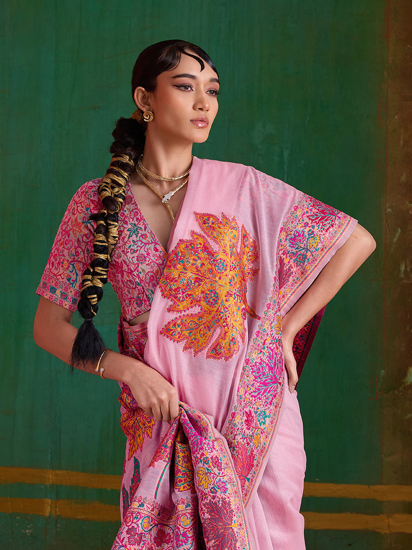 Monjolika Fashion Pink Cotton Blend Weaving Contemporary Saree - Distacart