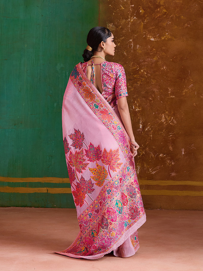Monjolika Fashion Pink Cotton Blend Weaving Contemporary Saree - Distacart