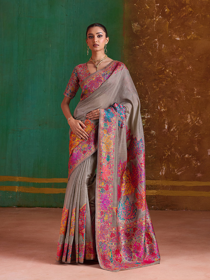 Monjolika Fashion Grey Cotton Blend Weaving Contemporary Saree - Distacart