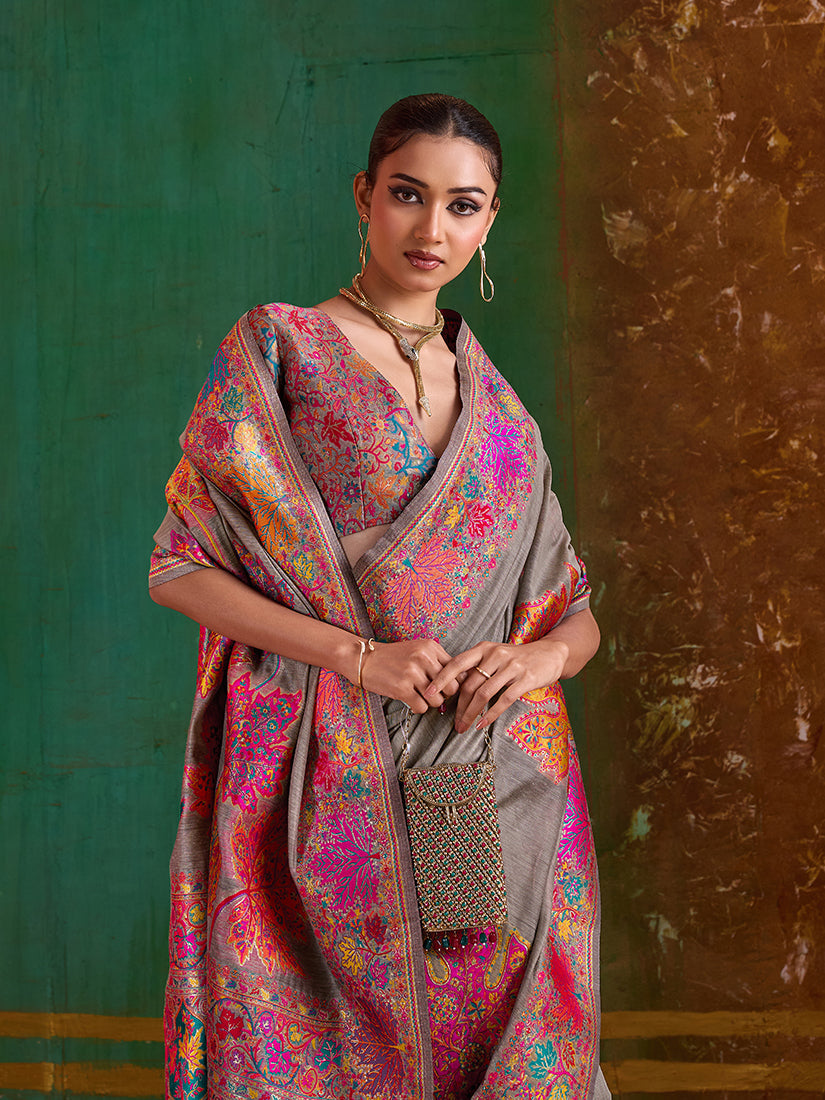 Monjolika Fashion Grey Cotton Blend Weaving Contemporary Saree - Distacart