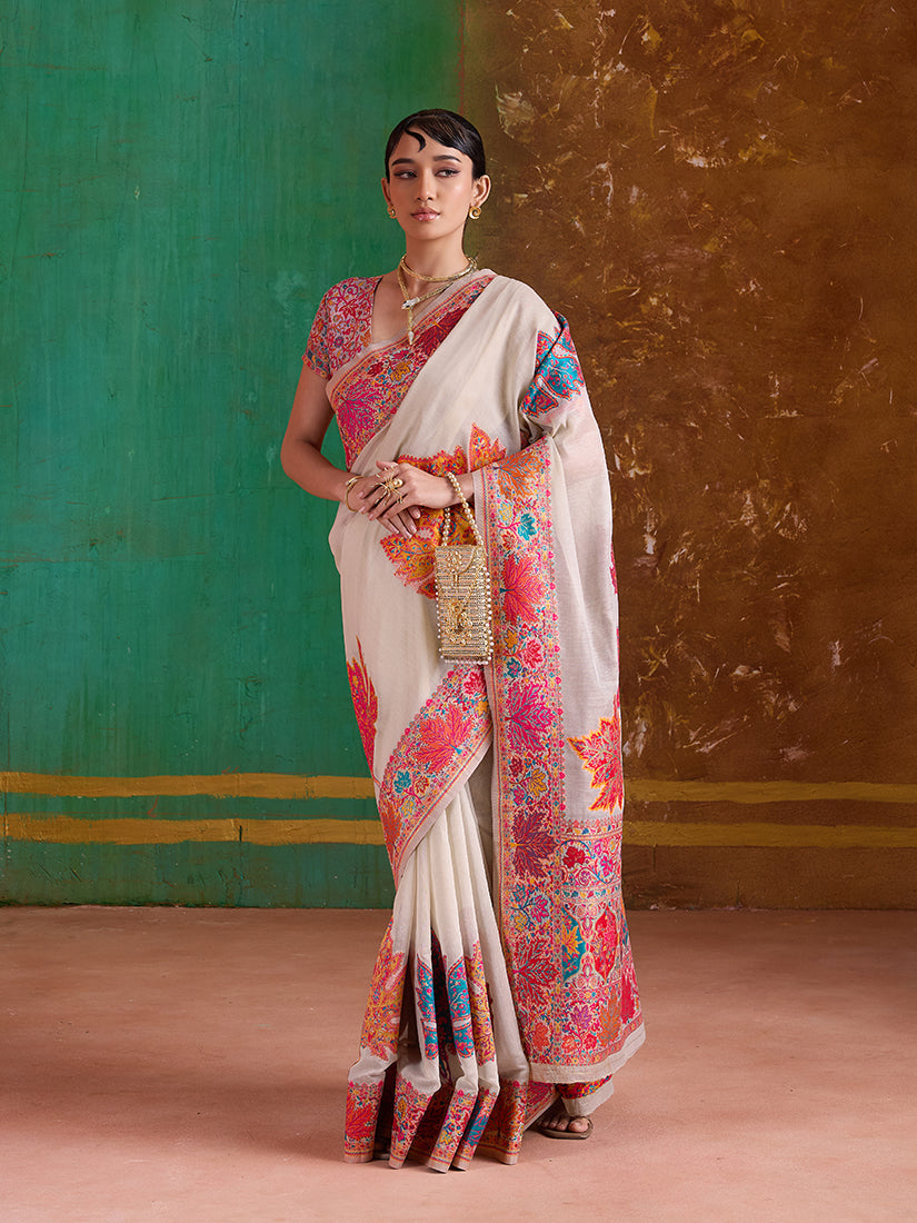 Monjolika Fashion Cream Cotton Blend Weaving Contemporary Saree - Distacart