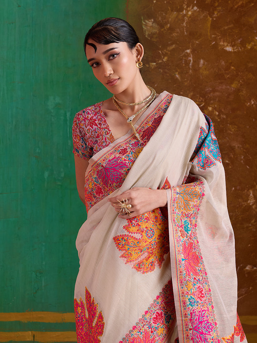 Monjolika Fashion Cream Cotton Blend Weaving Contemporary Saree - Distacart