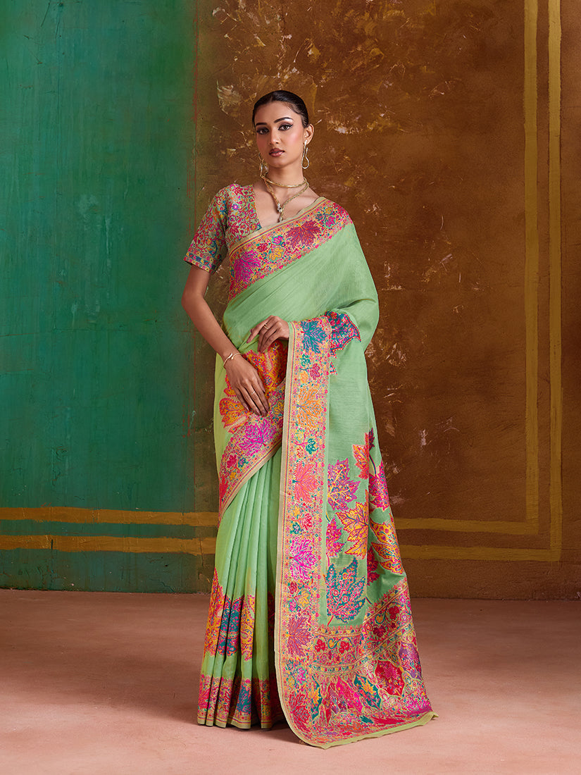 Monjolika Fashion Light Green Cotton Blend Weaving Contemporary Saree - Distacart