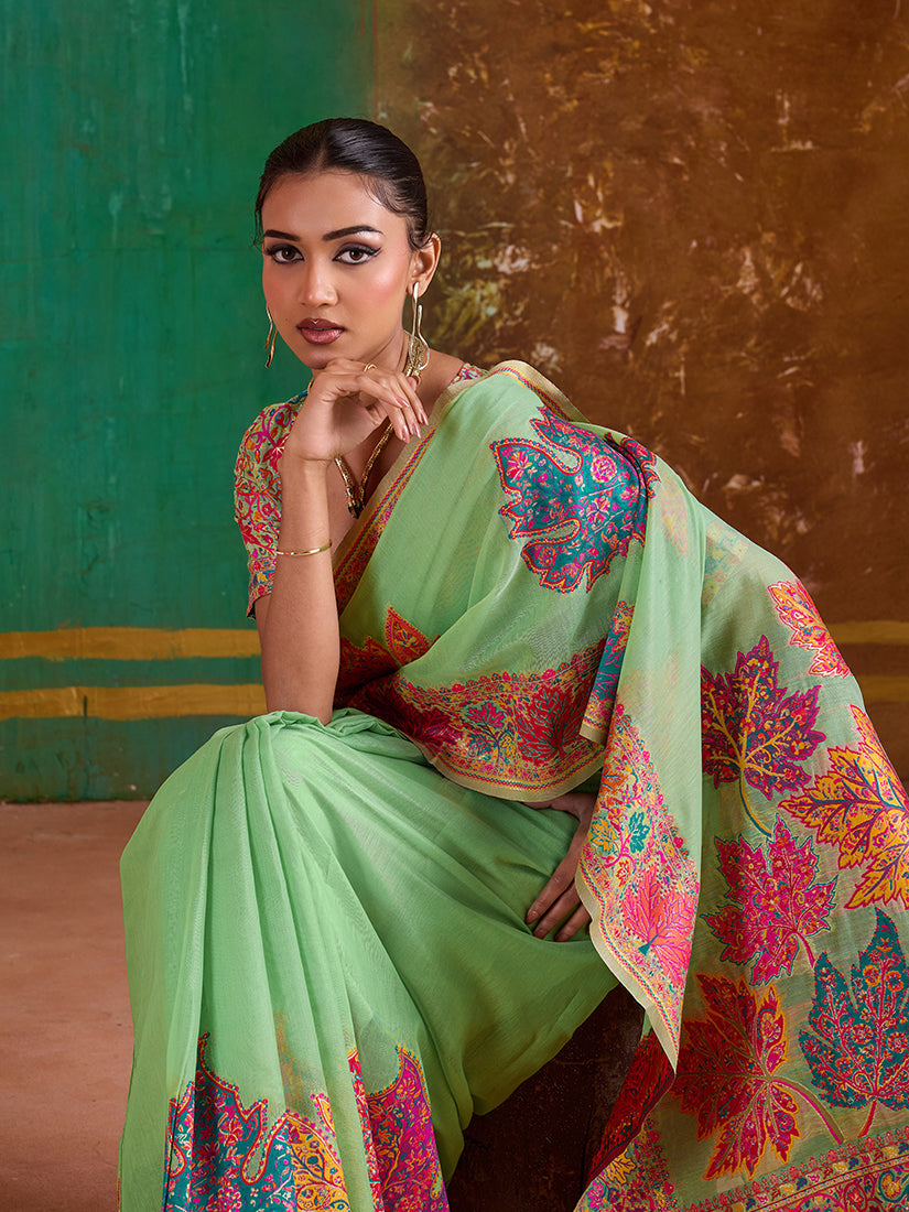 Monjolika Fashion Light Green Cotton Blend Weaving Contemporary Saree - Distacart