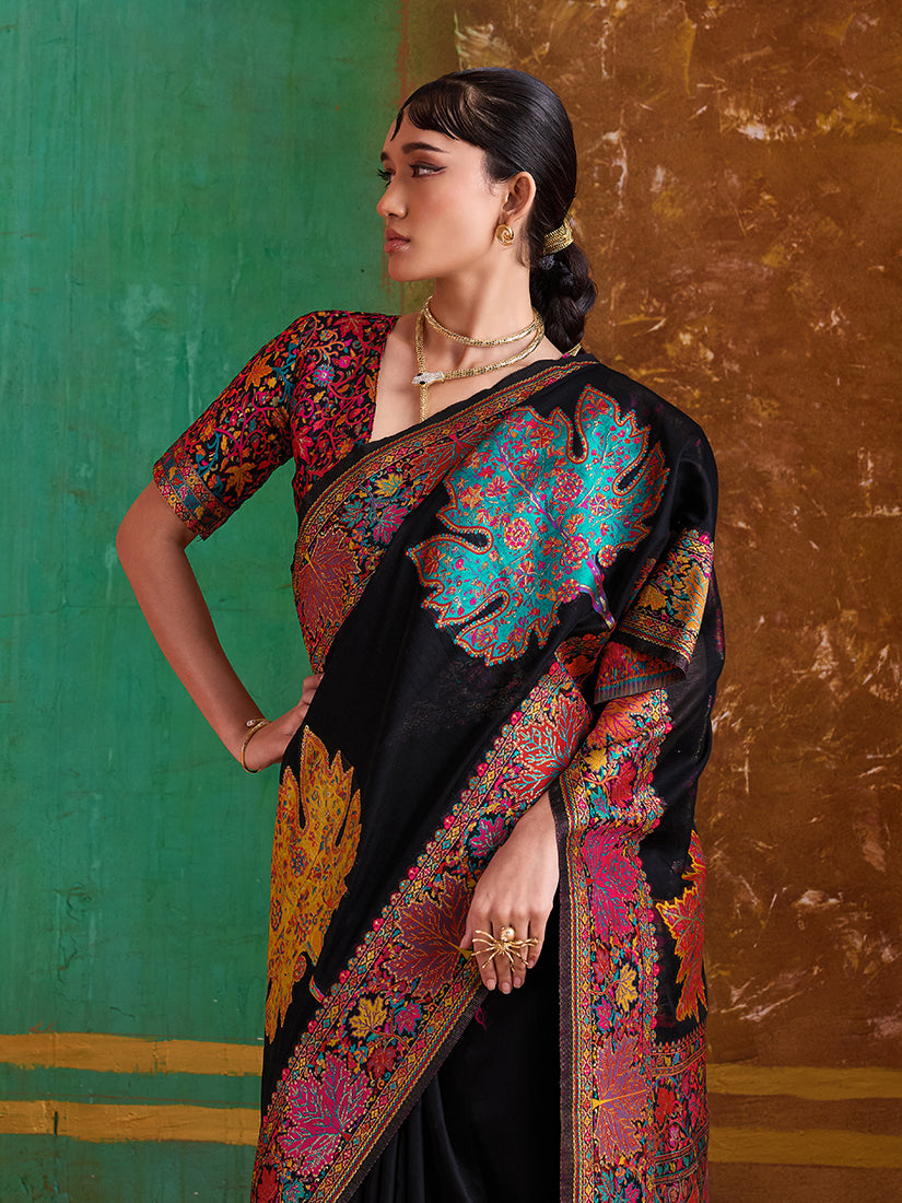 Monjolika Fashion Black Cotton Blend Weaving Contemporary Saree - Distacart
