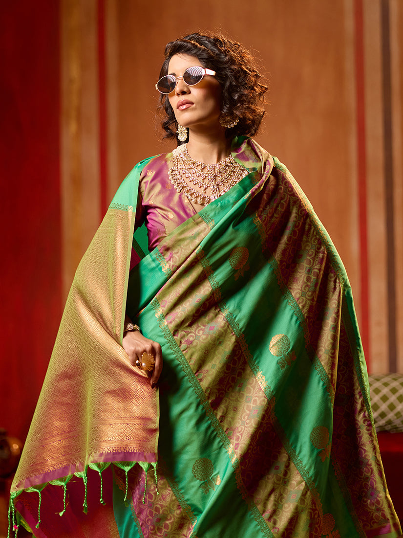 Monjolika Fashion Multi Colour Handloom Silk Blend Contemporary Saree With Weaving Work - Distacart