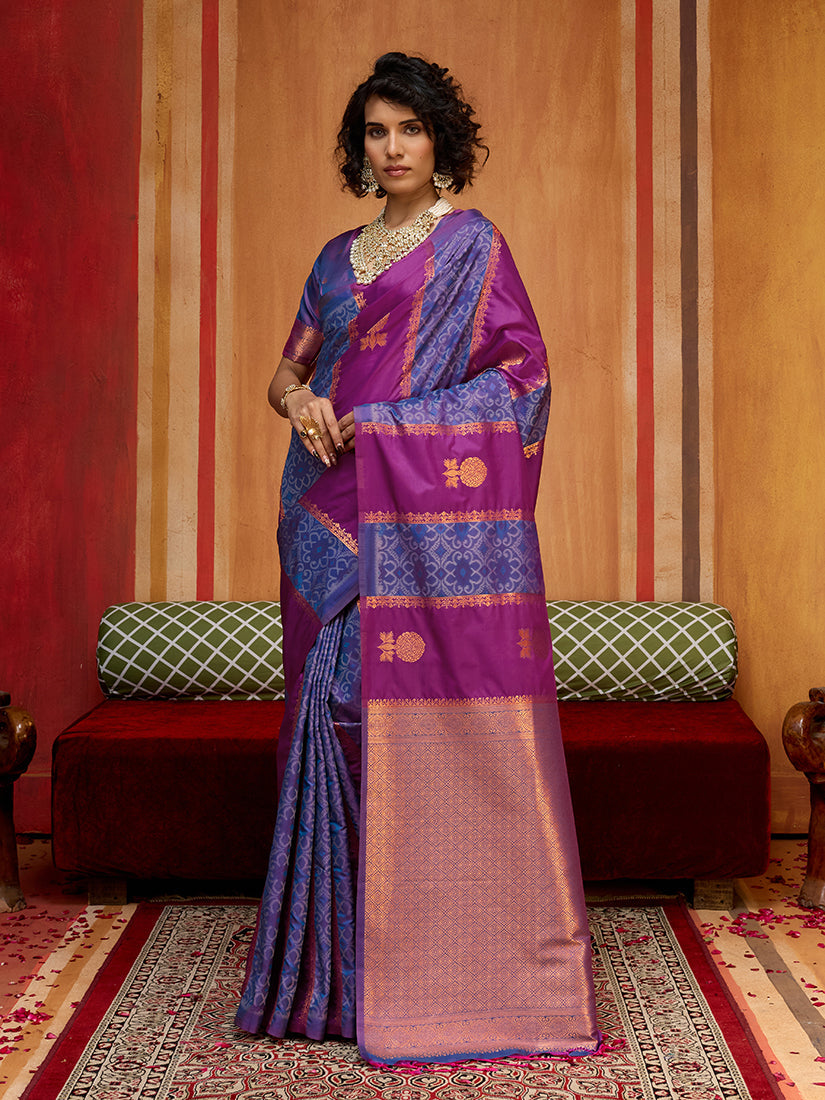 Monjolika Fashion Multi Colour Handloom Silk Blend Contemporary Saree With Weaving Work - Distacart
