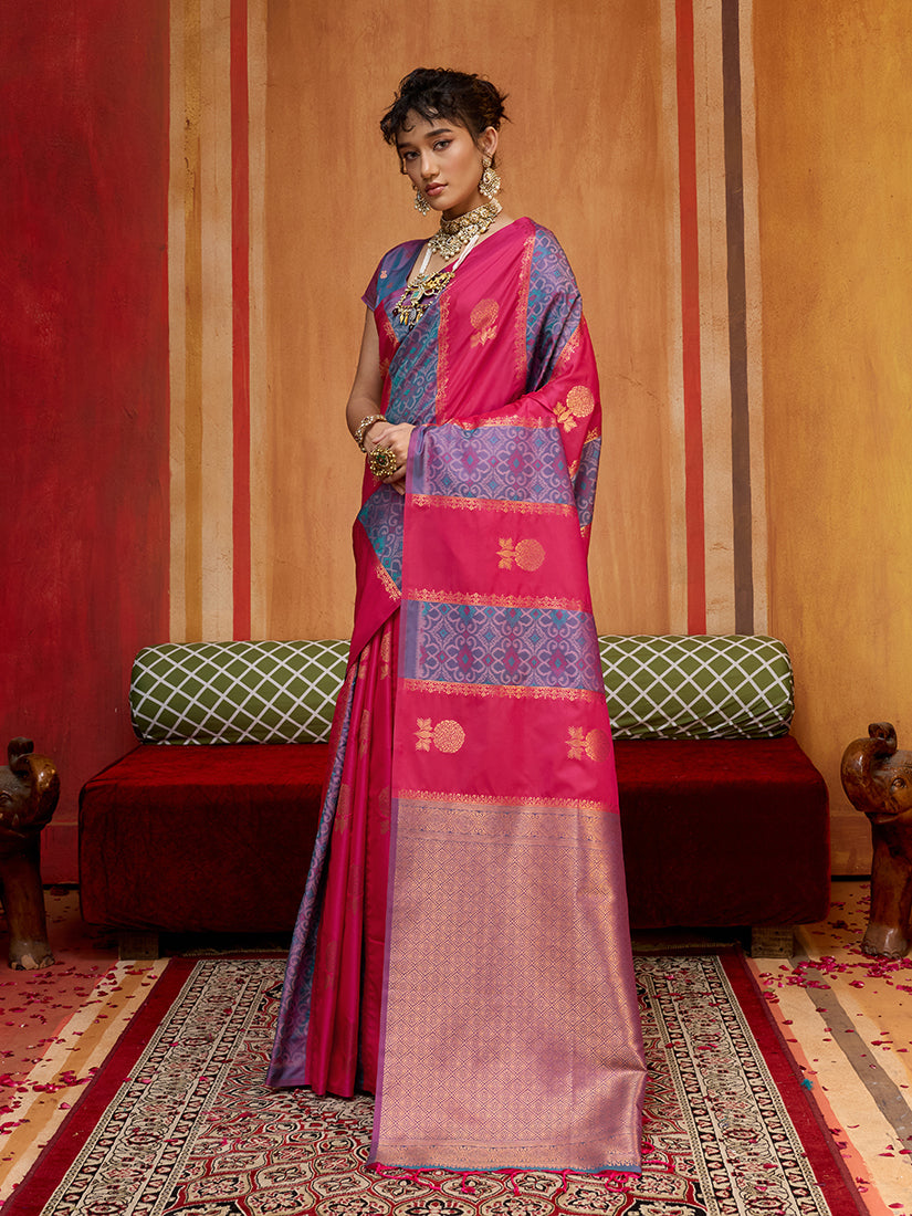Monjolika Fashion Multi Colour Handloom Silk Blend Contemporary Saree With Weaving Work - Distacart