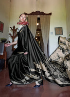 Monjolika Fashion Satin Printed Black Casual Saree