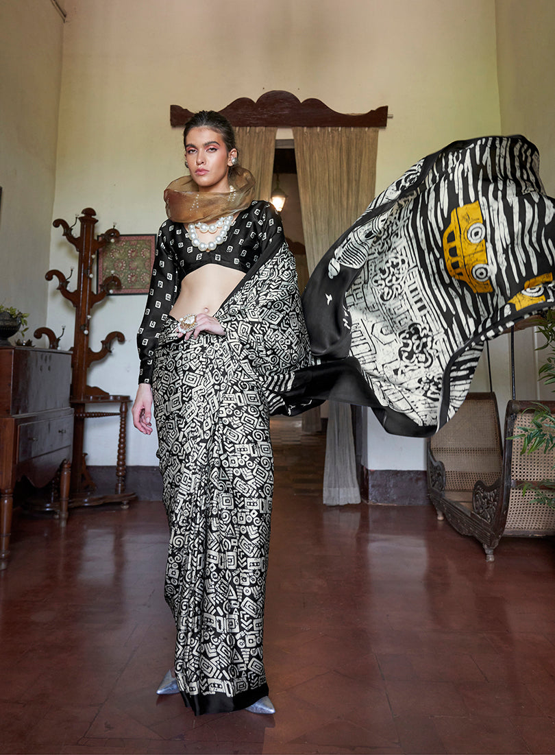 Monjolika Fashion Satin Printed Black Casual Saree - Distacart
